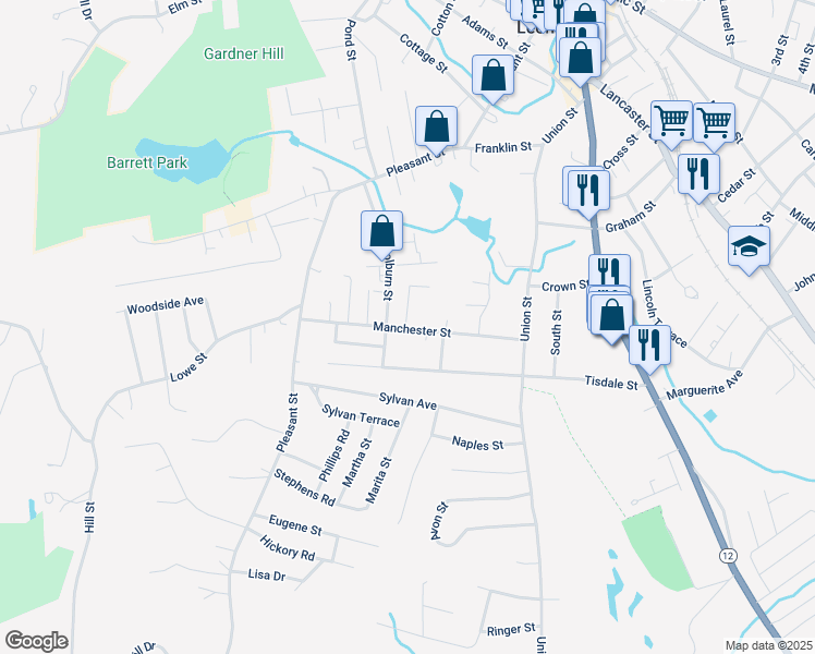 map of restaurants, bars, coffee shops, grocery stores, and more near 102 Manchester Street in Leominster