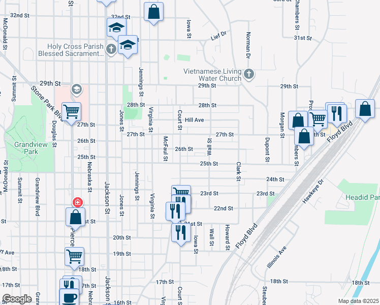 map of restaurants, bars, coffee shops, grocery stores, and more near 1101-1299 25th St in Sioux City