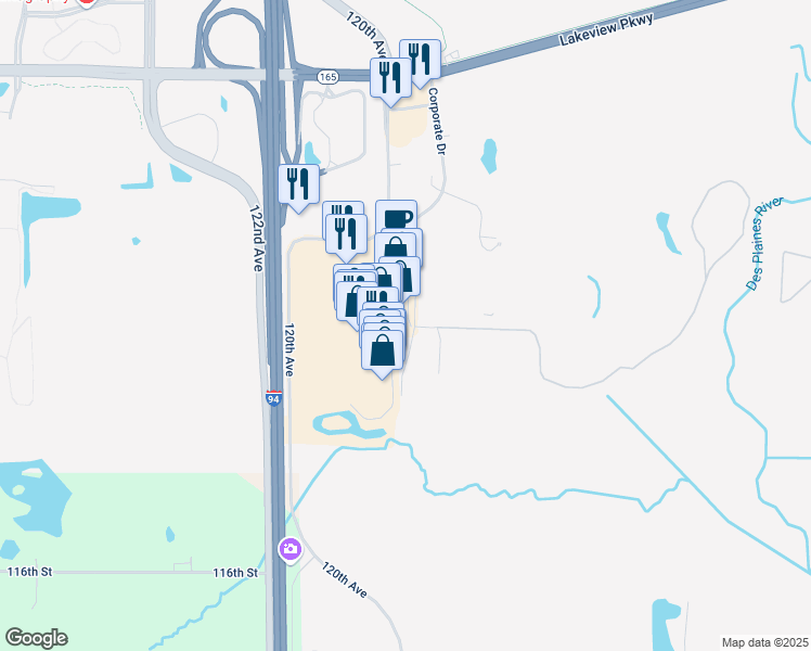map of restaurants, bars, coffee shops, grocery stores, and more near 58 116th Avenue in Pleasant Prairie