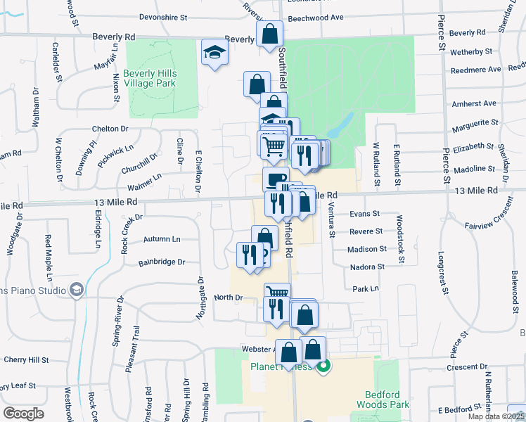 map of restaurants, bars, coffee shops, grocery stores, and more near 30711 Southfield Rd in Southfield