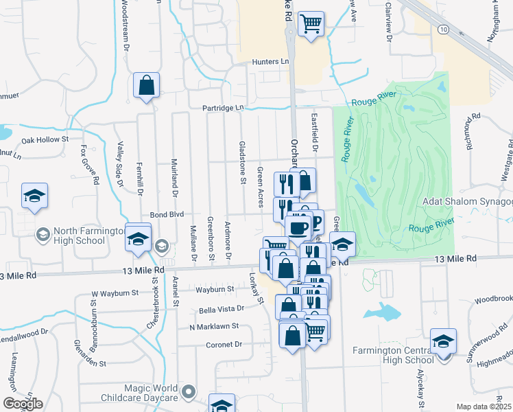 map of restaurants, bars, coffee shops, grocery stores, and more near 29661 Green Acres in Farmington Hills