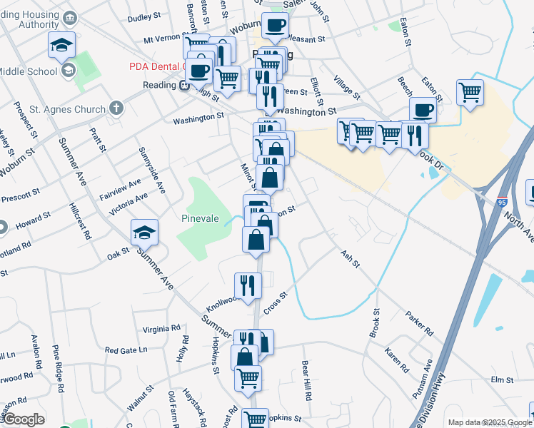 map of restaurants, bars, coffee shops, grocery stores, and more near 303 Main Street in Reading