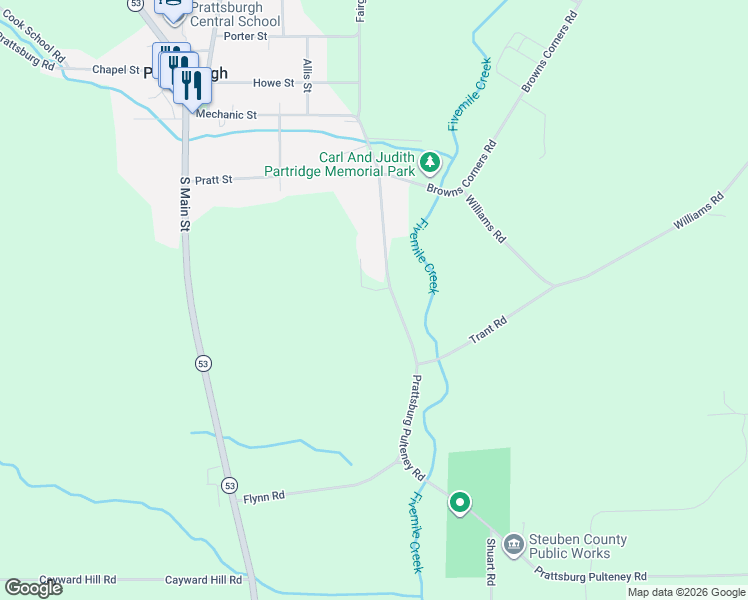 map of restaurants, bars, coffee shops, grocery stores, and more near 10625 County Route 74 in Prattsburgh