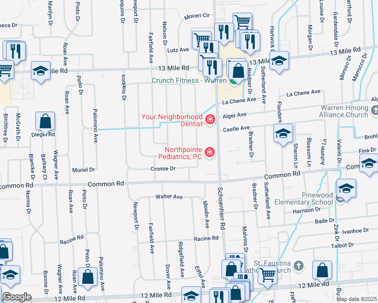 map of restaurants, bars, coffee shops, grocery stores, and more near 13330 Iowa Drive in Warren