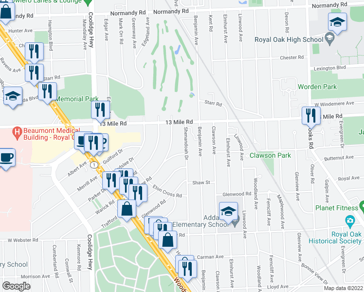 map of restaurants, bars, coffee shops, grocery stores, and more near 2611 Essex Street in Royal Oak