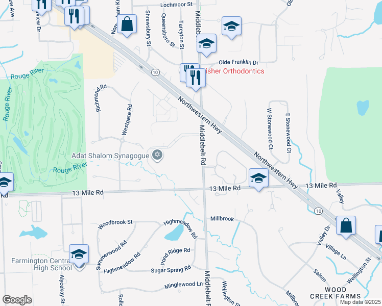 map of restaurants, bars, coffee shops, grocery stores, and more near 29681 Middlebelt Road in Farmington Hills