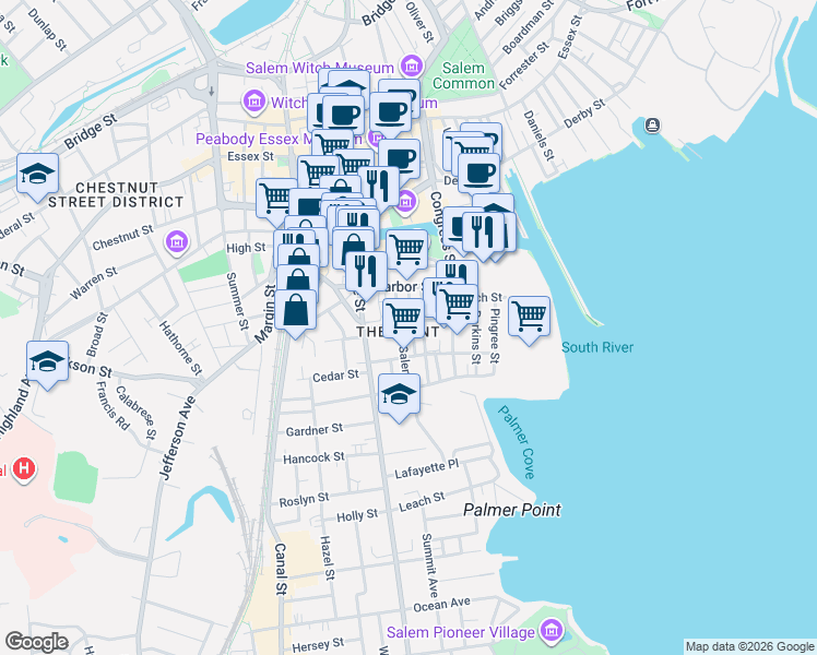 map of restaurants, bars, coffee shops, grocery stores, and more near 40 Salem Street in Salem
