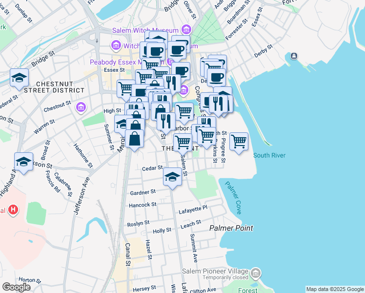 map of restaurants, bars, coffee shops, grocery stores, and more near 38 Salem Street in Salem