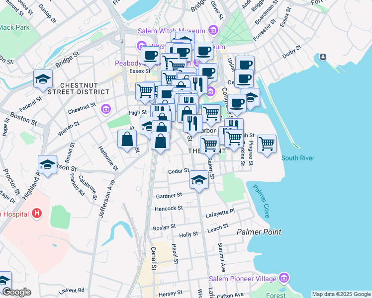 map of restaurants, bars, coffee shops, grocery stores, and more near 154 Lafayette Street in Salem