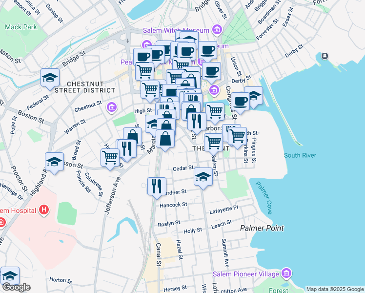 map of restaurants, bars, coffee shops, grocery stores, and more near 5 Florence Street in Salem
