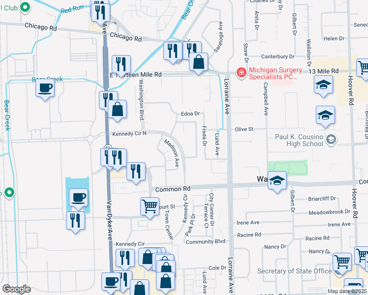 map of restaurants, bars, coffee shops, grocery stores, and more near 8481 Coachlite Manor Condominium in Warren