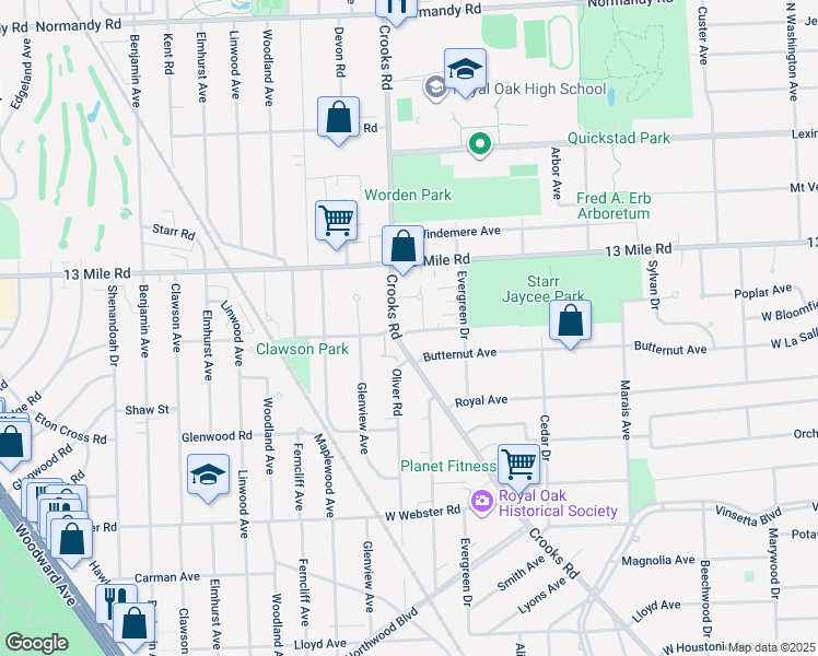 map of restaurants, bars, coffee shops, grocery stores, and more near 3020 Crooks Road in Royal Oak