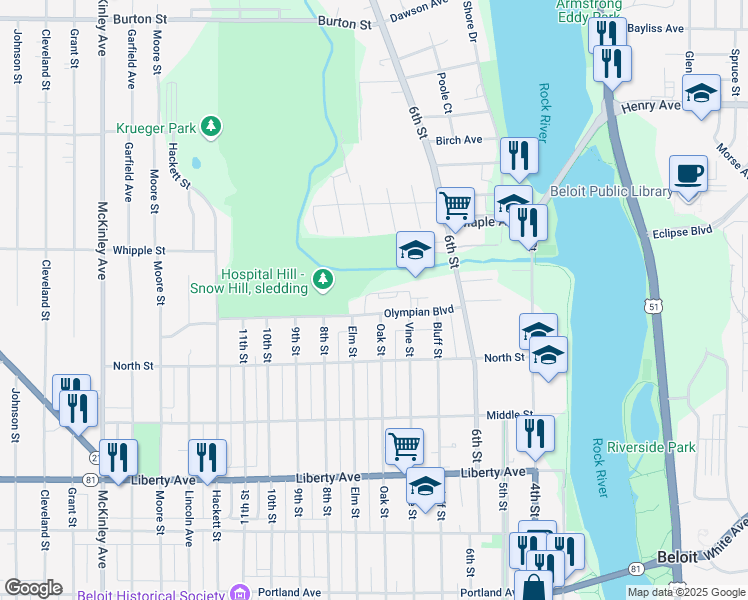 map of restaurants, bars, coffee shops, grocery stores, and more near in Beloit