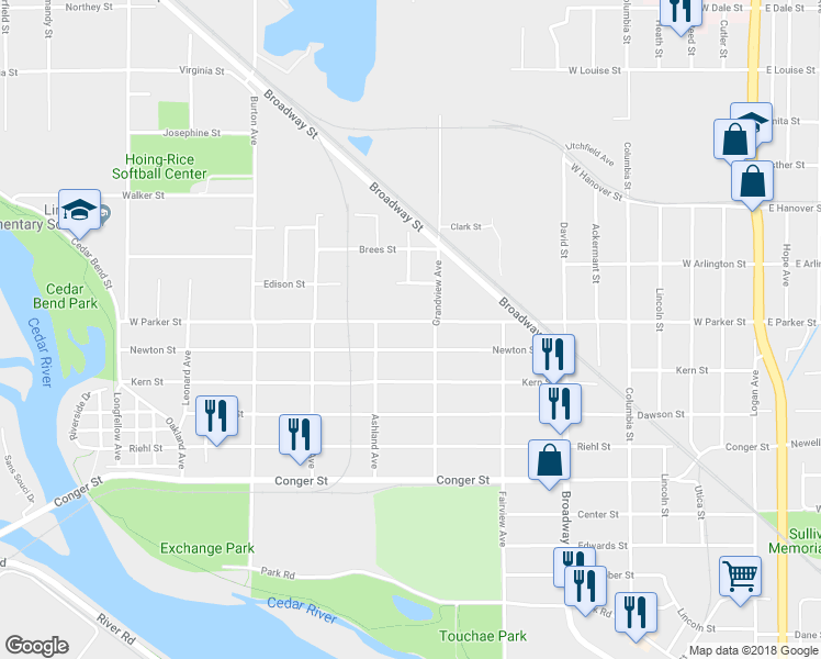 map of restaurants, bars, coffee shops, grocery stores, and more near 704 Newton Street in Waterloo