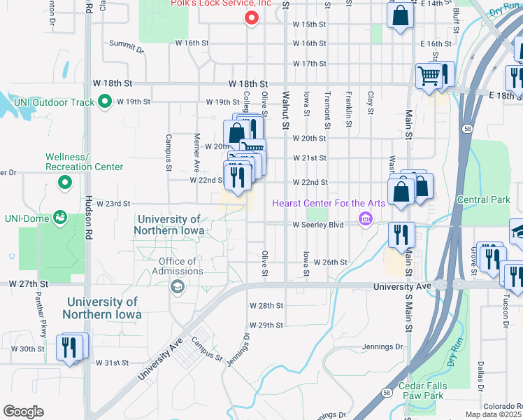 map of restaurants, bars, coffee shops, grocery stores, and more near 2332 College Street in Cedar Falls