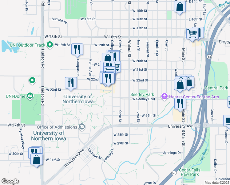 map of restaurants, bars, coffee shops, grocery stores, and more near 2332 College Street in Cedar Falls