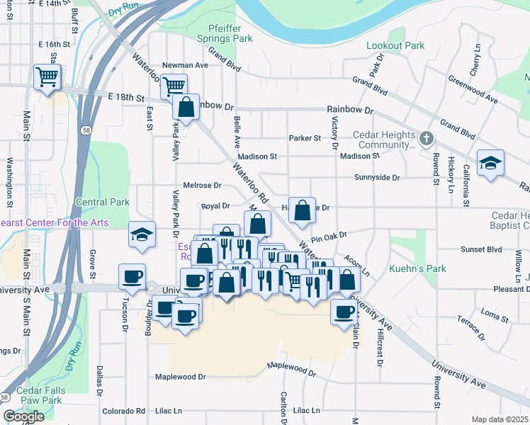 map of restaurants, bars, coffee shops, grocery stores, and more near 2322 Melrose Drive in Cedar Falls