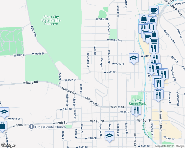 map of restaurants, bars, coffee shops, grocery stores, and more near 1622 West 26th Street in Sioux City