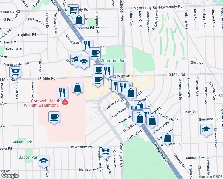 map of restaurants, bars, coffee shops, grocery stores, and more near 30911 Woodward Avenue in Royal Oak