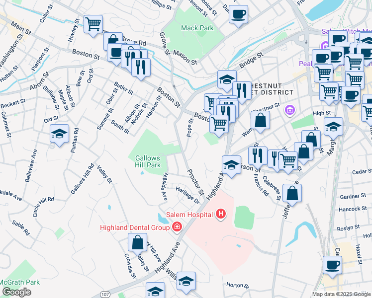 map of restaurants, bars, coffee shops, grocery stores, and more near 14 Pope Street in Salem