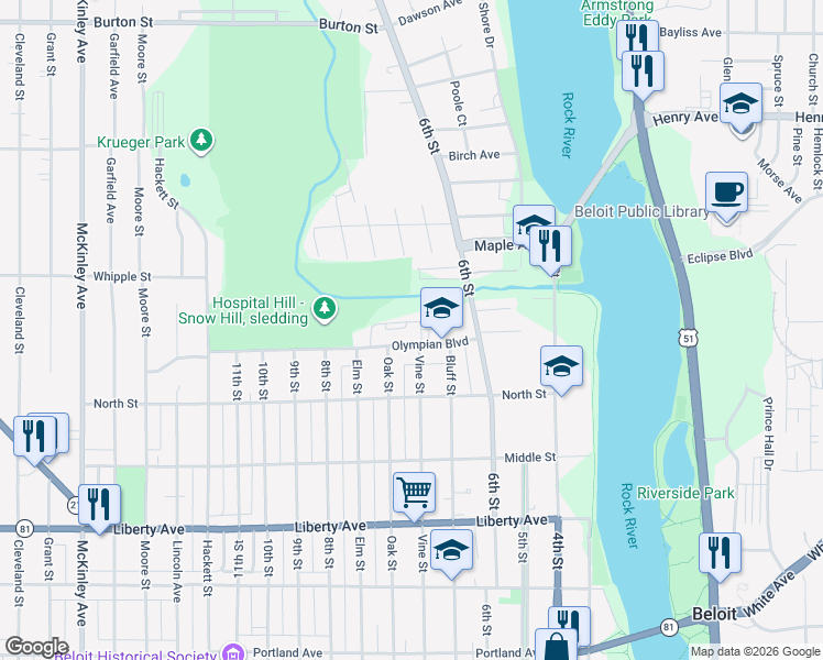 map of restaurants, bars, coffee shops, grocery stores, and more near 405 Olympian Boulevard in Beloit