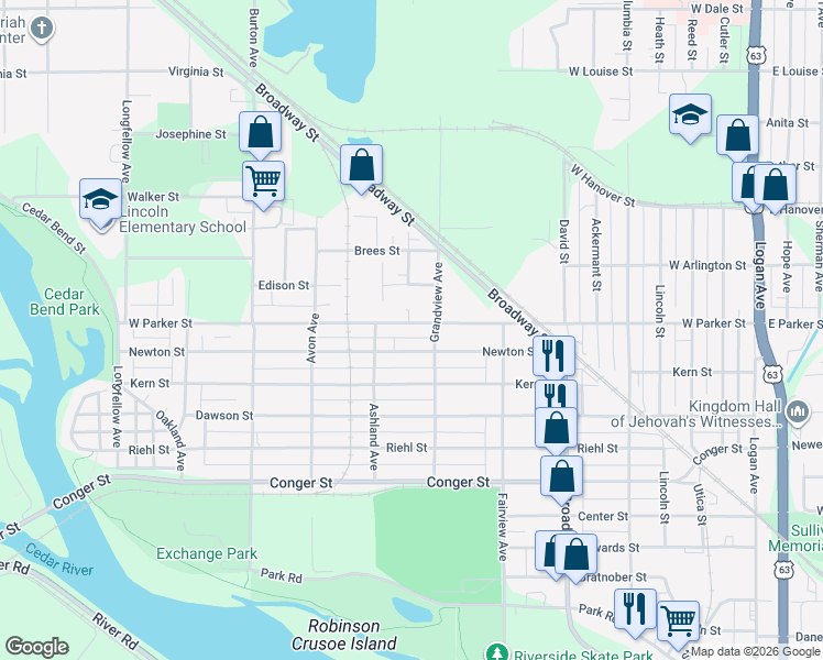 map of restaurants, bars, coffee shops, grocery stores, and more near 704 Newton Street in Waterloo