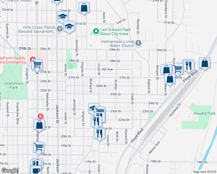 map of restaurants, bars, coffee shops, grocery stores, and more near 1101-1299 25th St in Sioux City