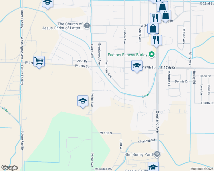 map of restaurants, bars, coffee shops, grocery stores, and more near 2843 Mount Harrison Drive in Burley
