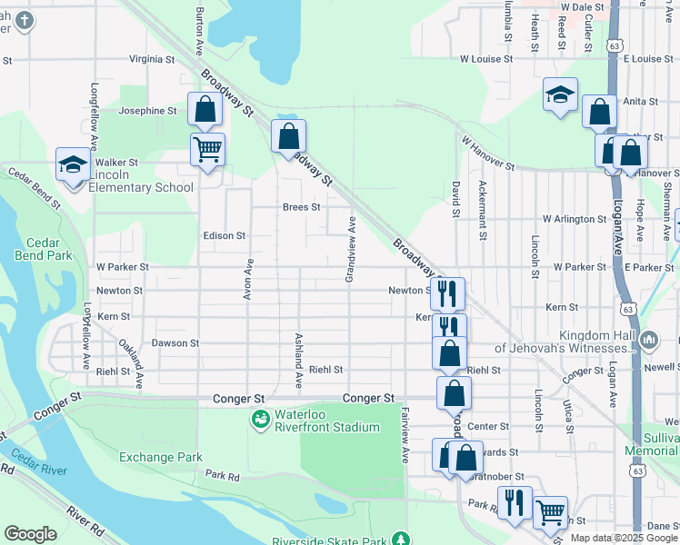 map of restaurants, bars, coffee shops, grocery stores, and more near 709 West Parker Street in Waterloo