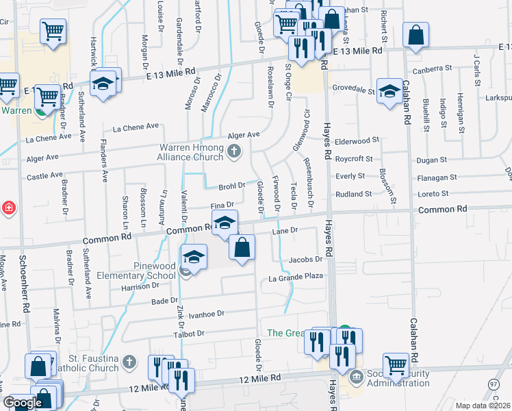 map of restaurants, bars, coffee shops, grocery stores, and more near 14639 Common Road in Warren