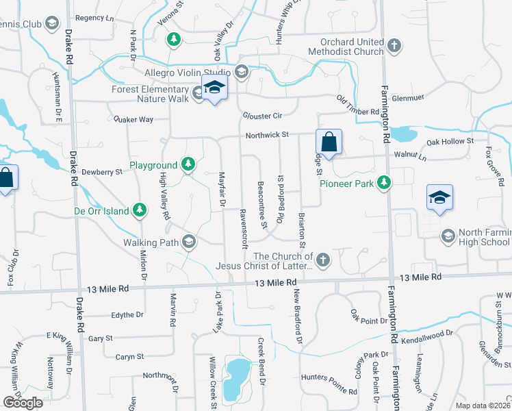map of restaurants, bars, coffee shops, grocery stores, and more near 29790 Ravenscroft in Farmington Hills