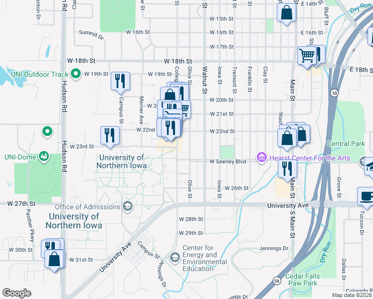 map of restaurants, bars, coffee shops, grocery stores, and more near 2332 College Street in Cedar Falls