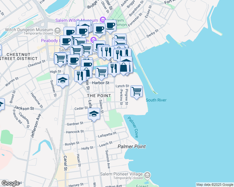 map of restaurants, bars, coffee shops, grocery stores, and more near 81 Congress Street in Salem