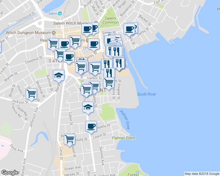 map of restaurants, bars, coffee shops, grocery stores, and more near 38 Perkins Street in Salem