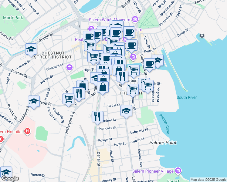 map of restaurants, bars, coffee shops, grocery stores, and more near 5 Florence Street in Salem
