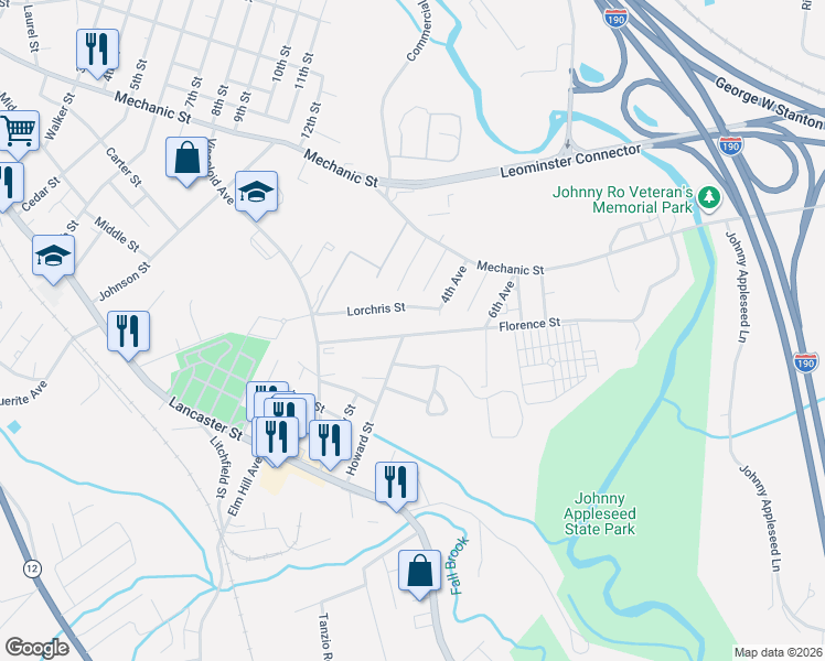 map of restaurants, bars, coffee shops, grocery stores, and more near 199 Florence Street in Leominster