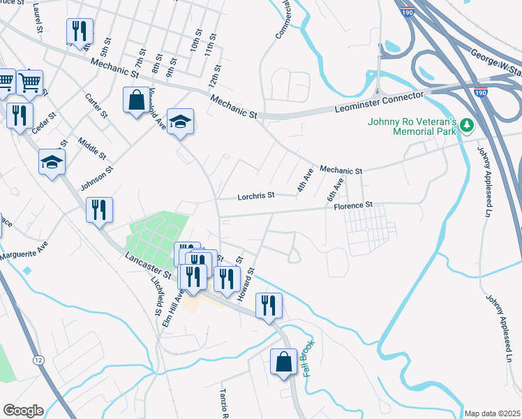 map of restaurants, bars, coffee shops, grocery stores, and more near 199 Florence Street in Leominster