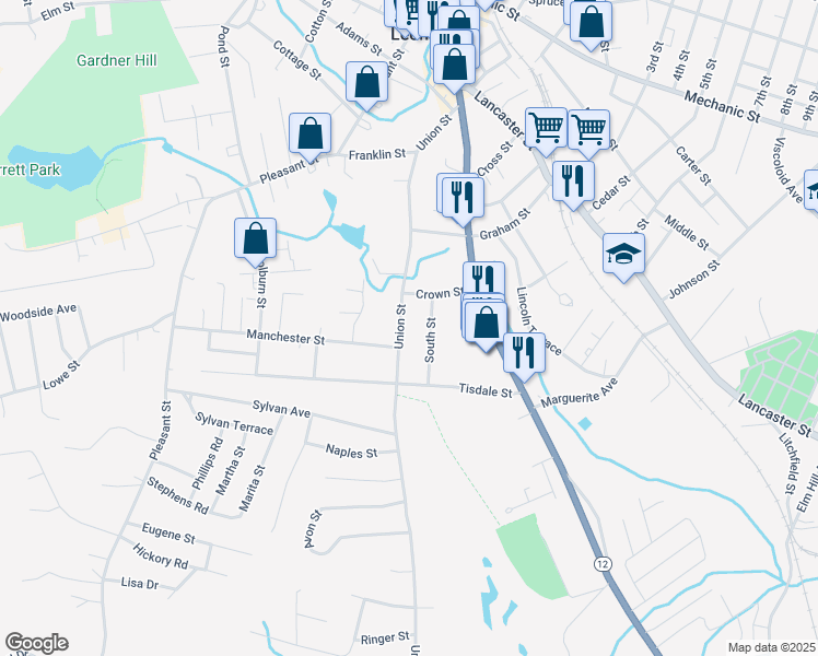 map of restaurants, bars, coffee shops, grocery stores, and more near 9 Manchester Street in Leominster