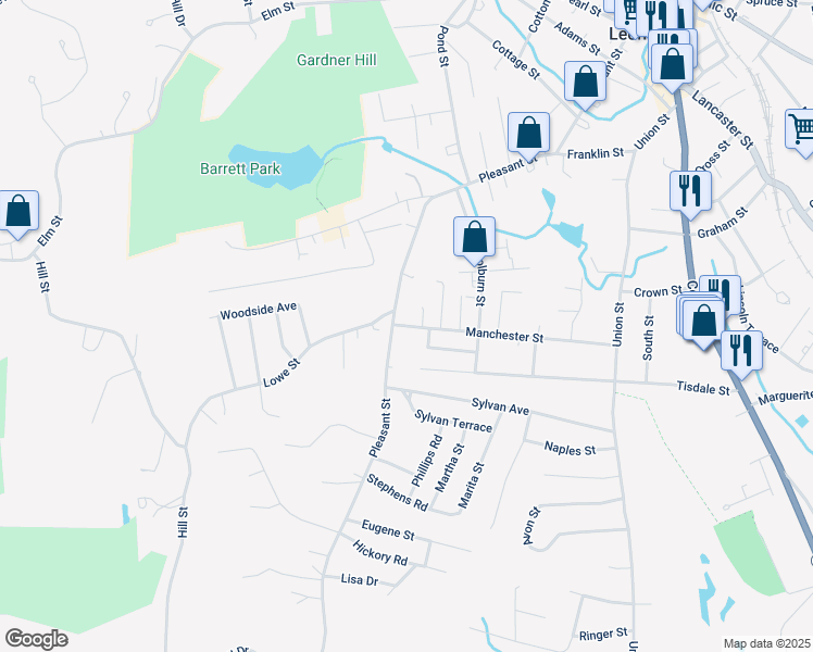 map of restaurants, bars, coffee shops, grocery stores, and more near 11 Woodworth Street in Leominster