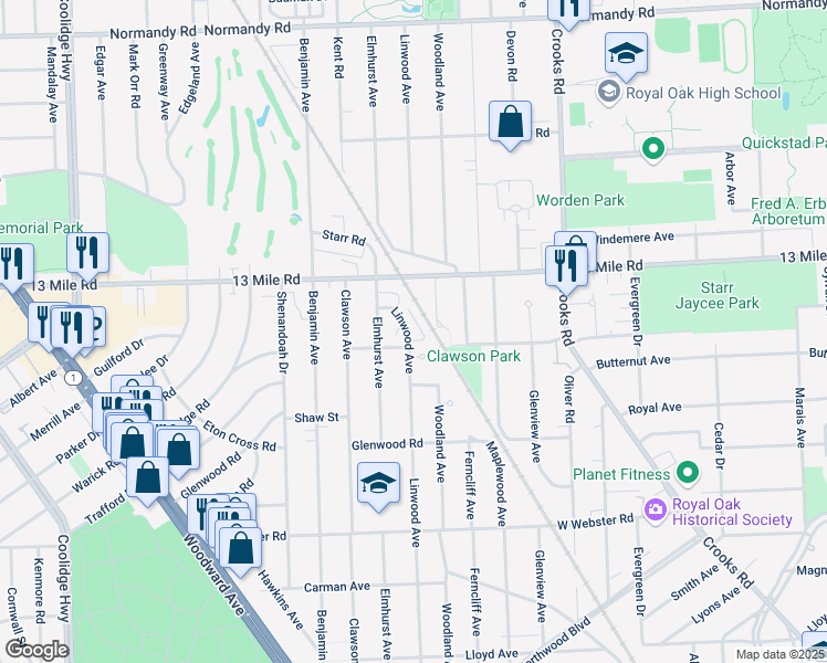 map of restaurants, bars, coffee shops, grocery stores, and more near 3034 Linwood Court in Royal Oak