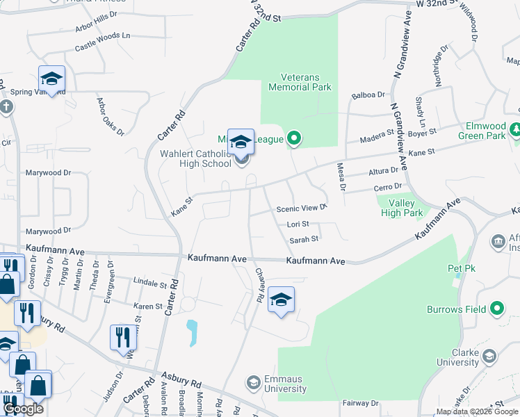 map of restaurants, bars, coffee shops, grocery stores, and more near 2575 Maryville Drive in Dubuque