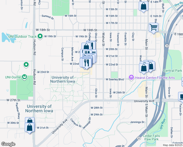 map of restaurants, bars, coffee shops, grocery stores, and more near 2332 College Street in Cedar Falls