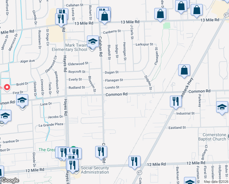map of restaurants, bars, coffee shops, grocery stores, and more near 15733 Common Road in Roseville