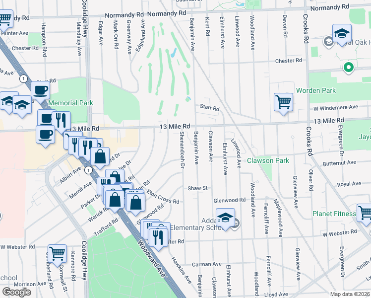 map of restaurants, bars, coffee shops, grocery stores, and more near 3204 Shenandoah Drive in Royal Oak