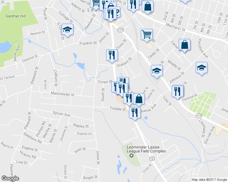 map of restaurants, bars, coffee shops, grocery stores, and more near 23 Bond Street in Leominster