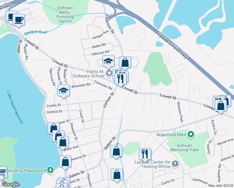 map of restaurants, bars, coffee shops, grocery stores, and more near 273 Vernon Street in Wakefield