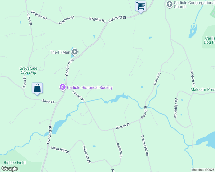 map of restaurants, bars, coffee shops, grocery stores, and more near 81 Russell Street in Carlisle