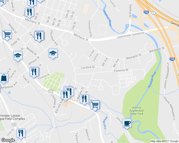 map of restaurants, bars, coffee shops, grocery stores, and more near 199 Florence Street in Leominster
