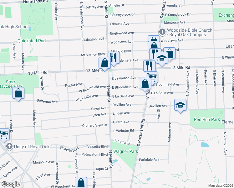 map of restaurants, bars, coffee shops, grocery stores, and more near 2912 North Main Street in Royal Oak