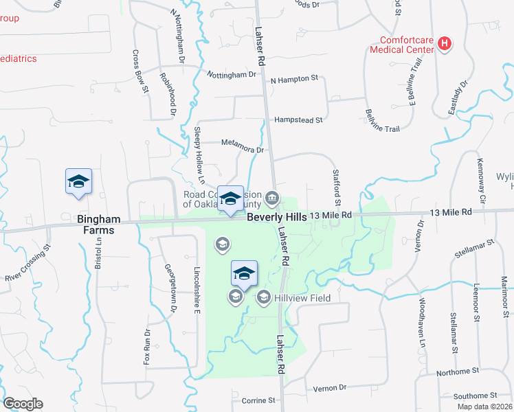 map of restaurants, bars, coffee shops, grocery stores, and more near 31111 Lahser Road in Beverly Hills